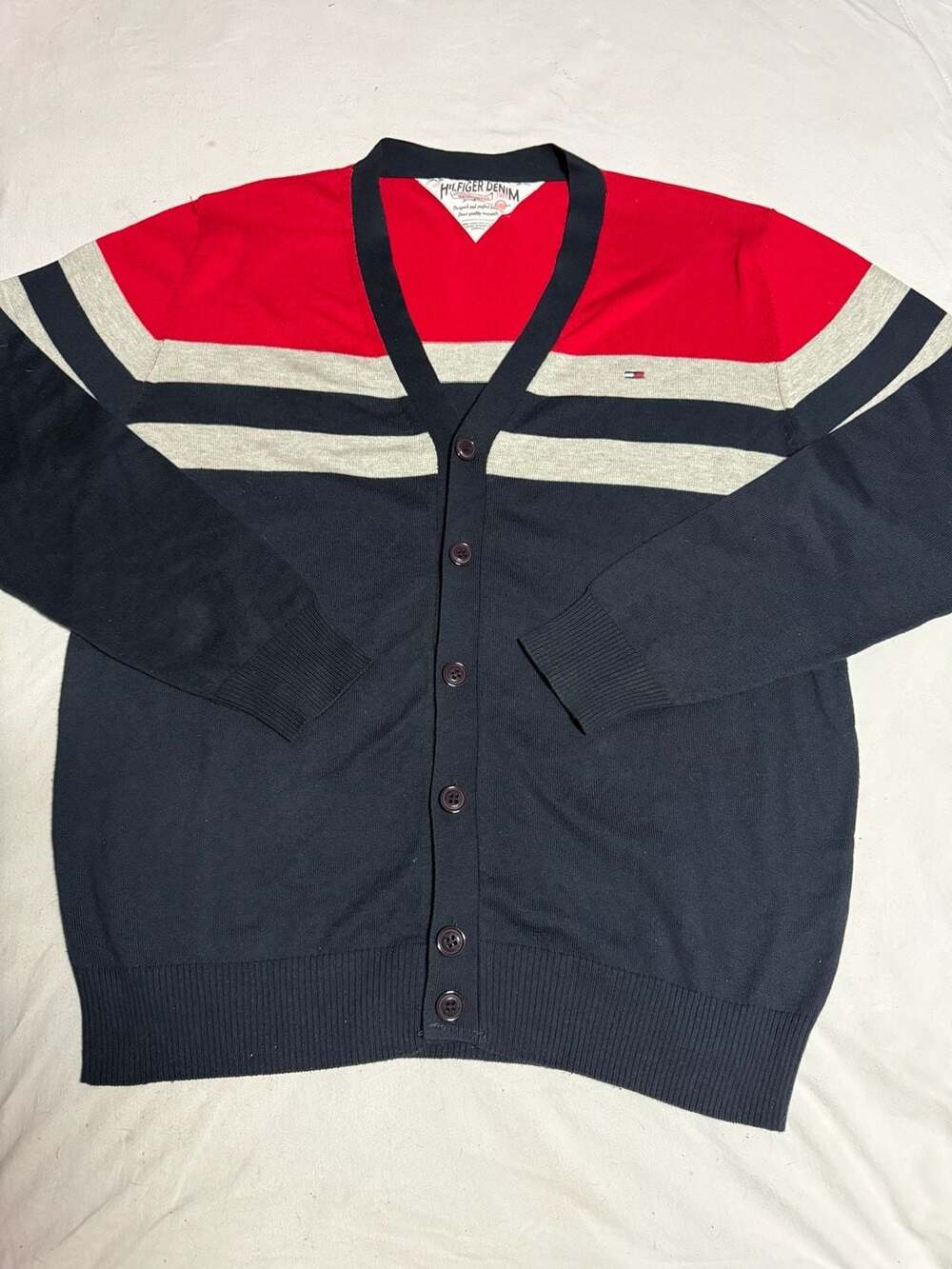 Hilfiger Denim Striped Colorblock Cardigan Sweater Navy Red Grey